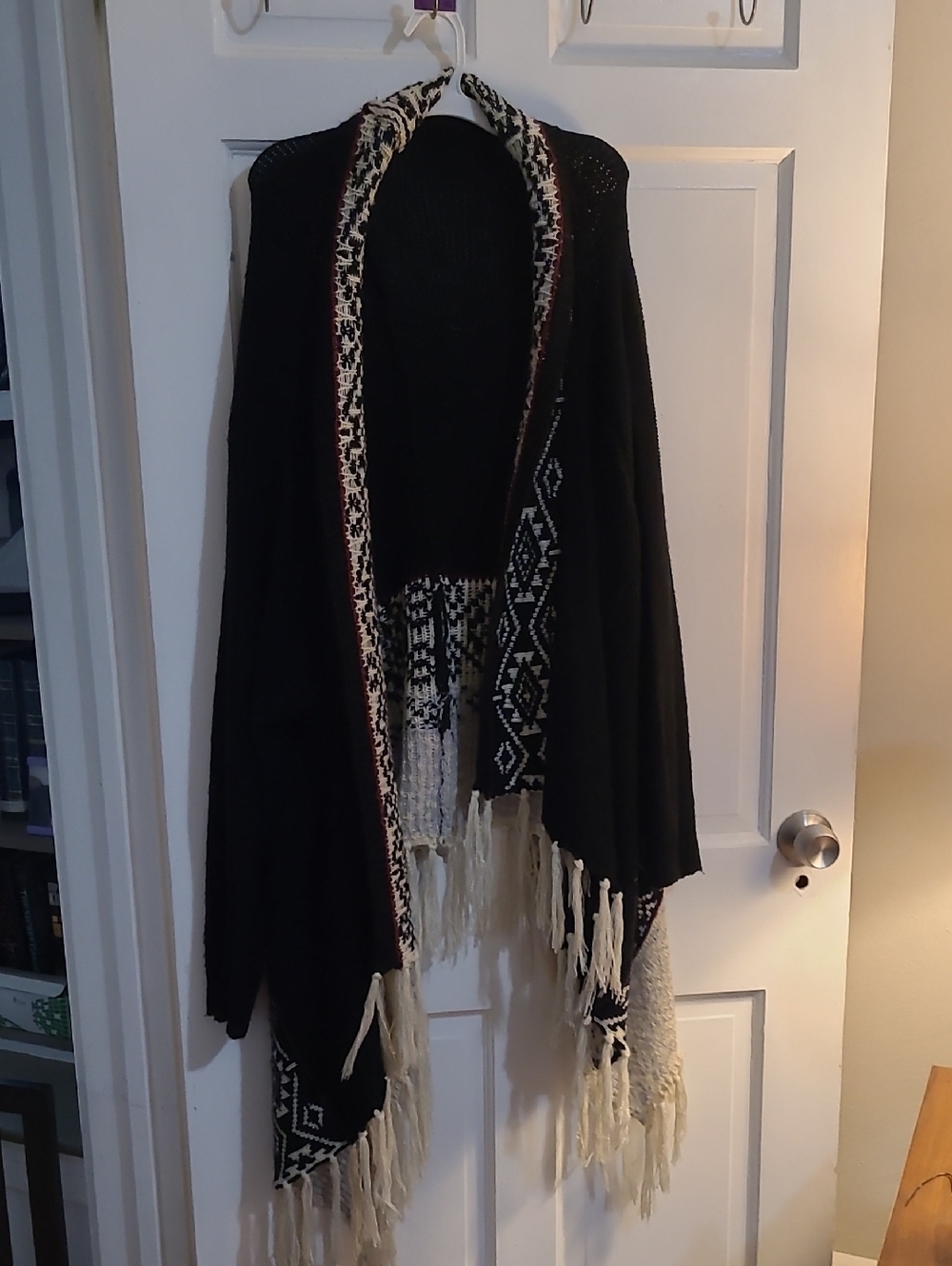 Sumple Couture Black Fringe Open Front Knit Cardigan with Ivory Pattern